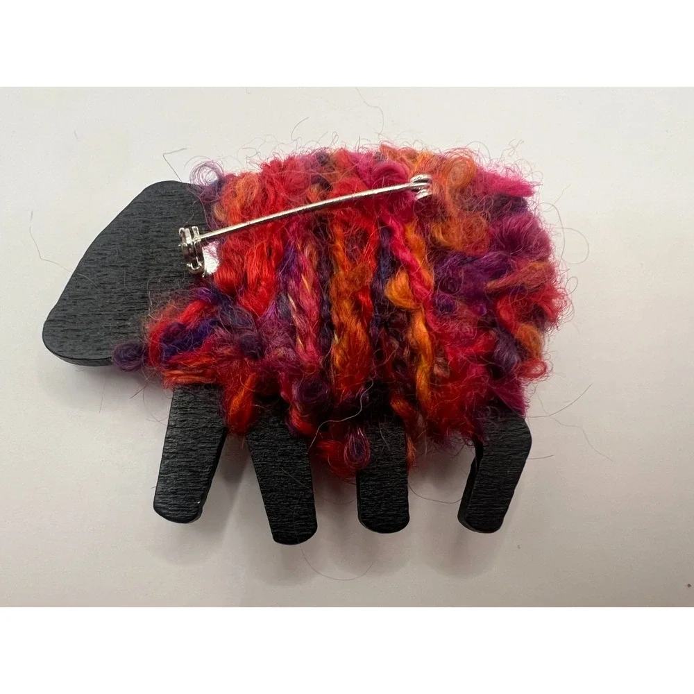 Handmade Black Sheep Brooch Textile Wool Fiber Wood Statement Pin Folk Art 2.75